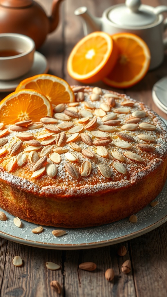 Zesty orange almond cake topped with sliced almonds and powdered sugar, served on a rustic table.